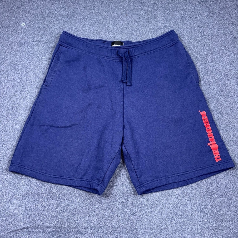 The Hundreds Men's XL Shorts Red Logo Navy Blue Drawstring Baggy Workout Fitness